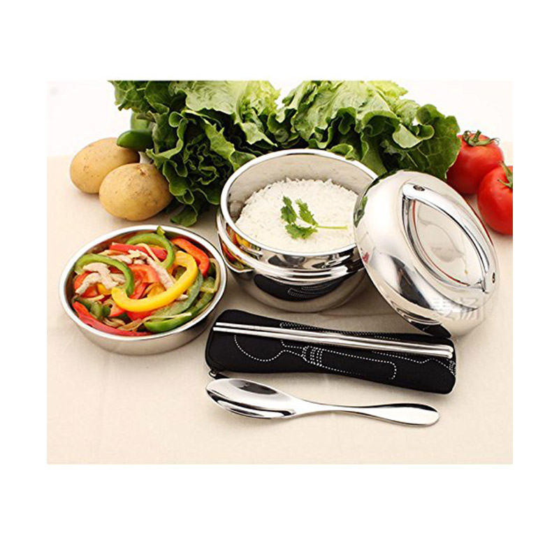 Apple Rvs Double Layer Geïsoleerde Lunch Box Voor Kind Servies Vork Lepel En Eetstokjes Set
