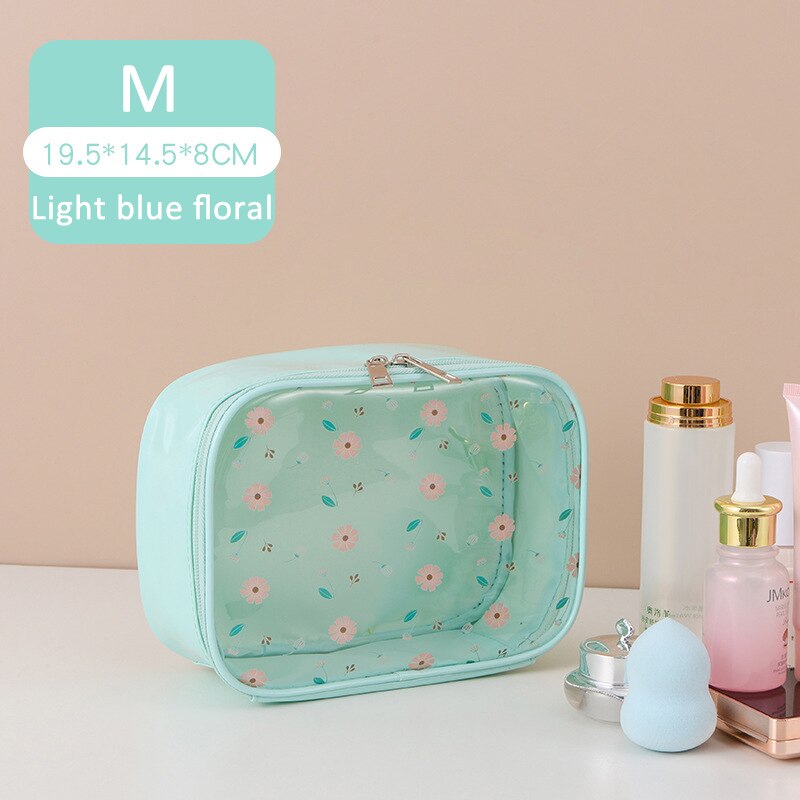 Q grote capaciteit draagbare voor vrouwen cosmetische tassen pvc doorschijnend bedrukt s/m/l/set waterdichte multifunctionele meisjes toilettassen: Blauw m