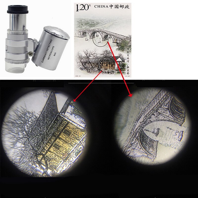 Mini 60x mikroskop forstørrelse med 2 lysdioder og uv lys lomme smykker forstørrelsesglas juveler lup zoom værktøj: 60x