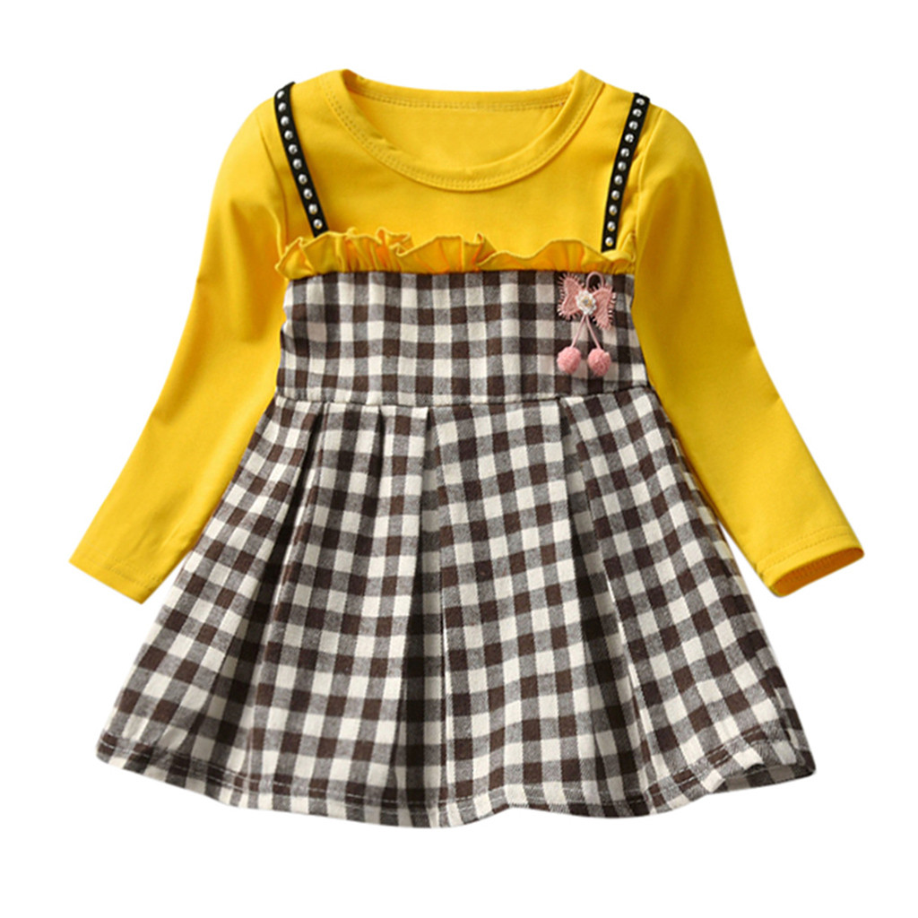 Baby Kids Girls Dress Long Sleeve Ruched Plaid Patchwork Strap Faux Twinset Princess Dress Clothes Toddler Kids Dresses For Girl: Yellow / 3T
