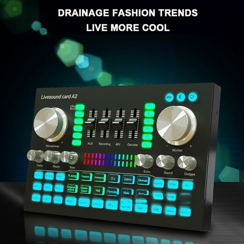 A2 Live Sound Card Portable Bluetooth Sound Card Profession Adjustable Volume Audio for Music Recording Karaoke Singing