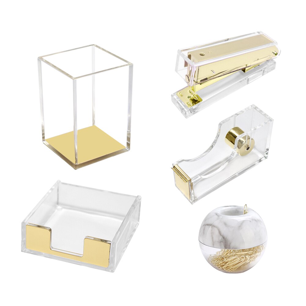 Acrylic Silver Desk Organizer Pen Holder Stapler Tape Dispenser Notepad Holder For Office Supplies And Desk Accessories: Gold Set