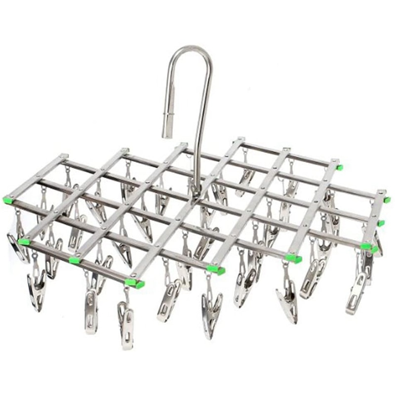 Tørrestativ i rustfrit stål med 35 clips, pladsbesparende drypophæng, krog til tørrepinde til vasketøj, tøj, sokker: Default Title