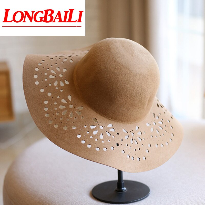 Large Brim Wool Felt Floppy Hats For Women Ladies Sun Beach Caps Female Chapeu PWFE010