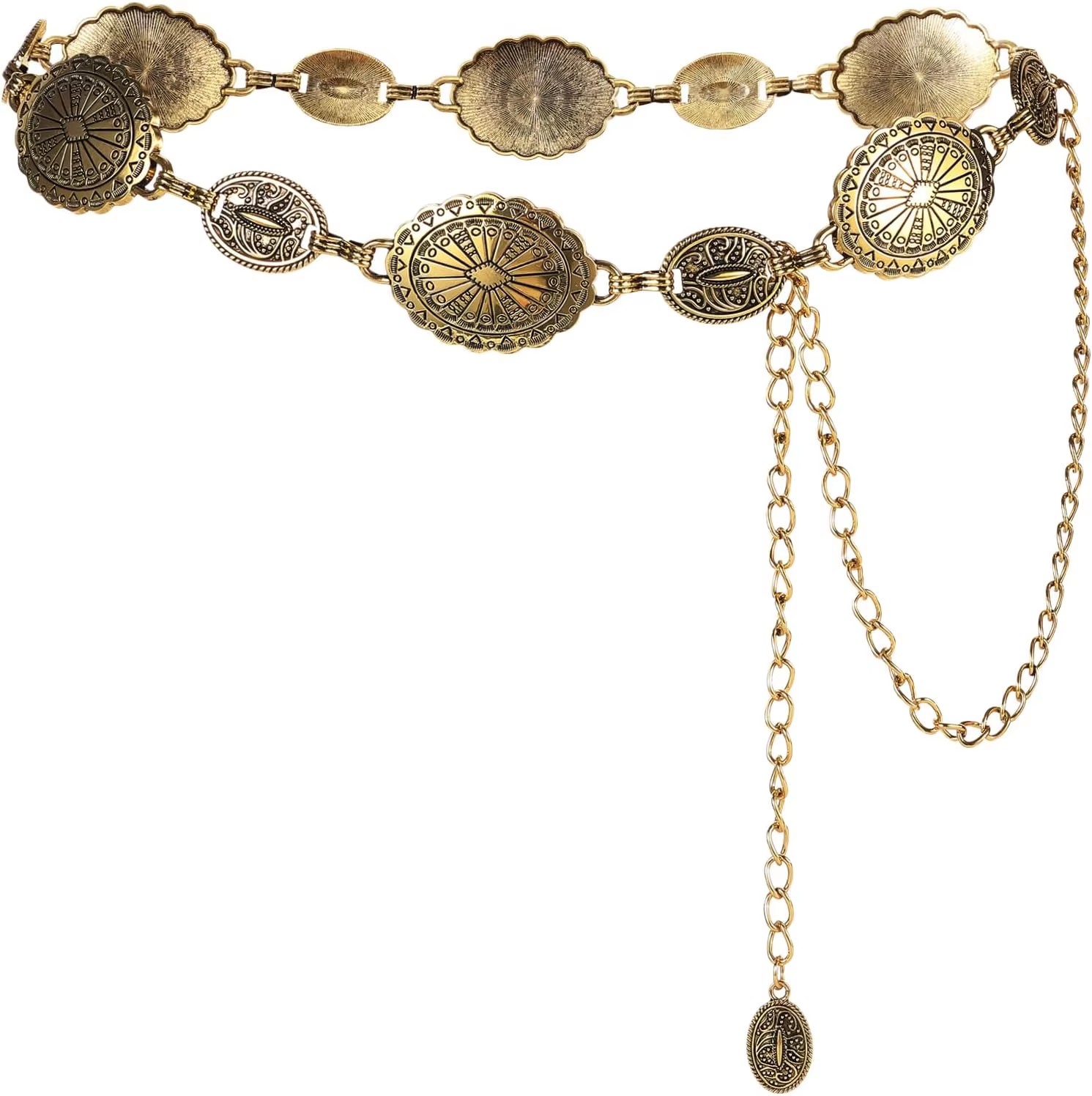 Acessórios de corrente de cintura de metal feminino estilo retrô círculo decorativo esculpido cinto de corrente acessórios de estilo alto: Default Title