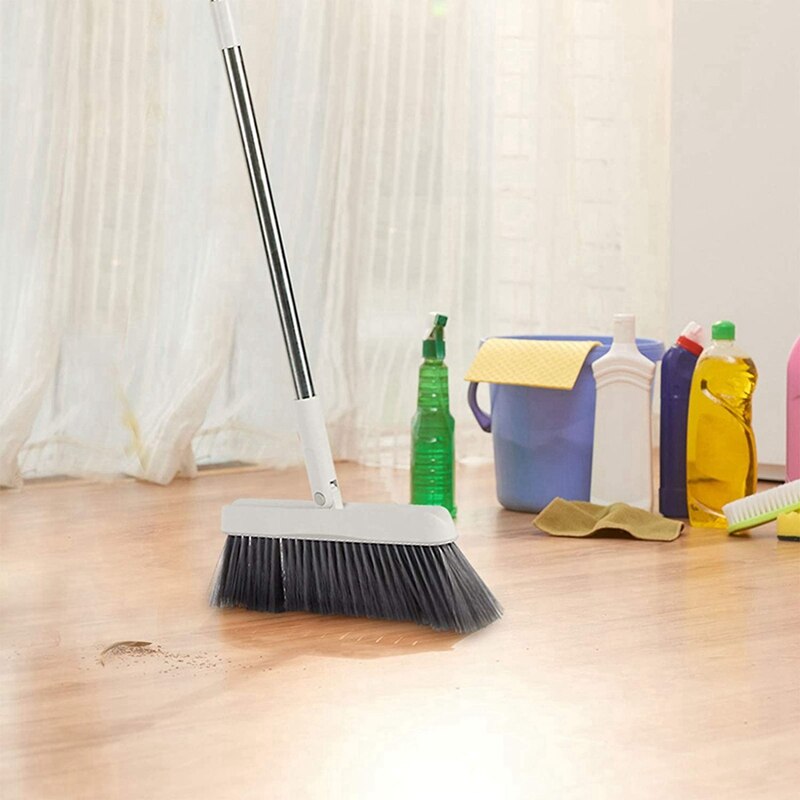 Broom and Dustpan Set, Self-Cleaning with Dustpan Teeth, 3 Layers Bristles, Upright Standing