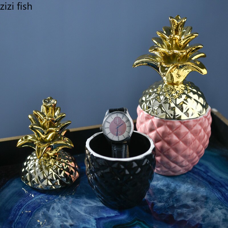 Northern Europe Ceramic Pineapple Storage Tank Window Shooting Props Light Luxury Gold Plating Storage Tank Decoration