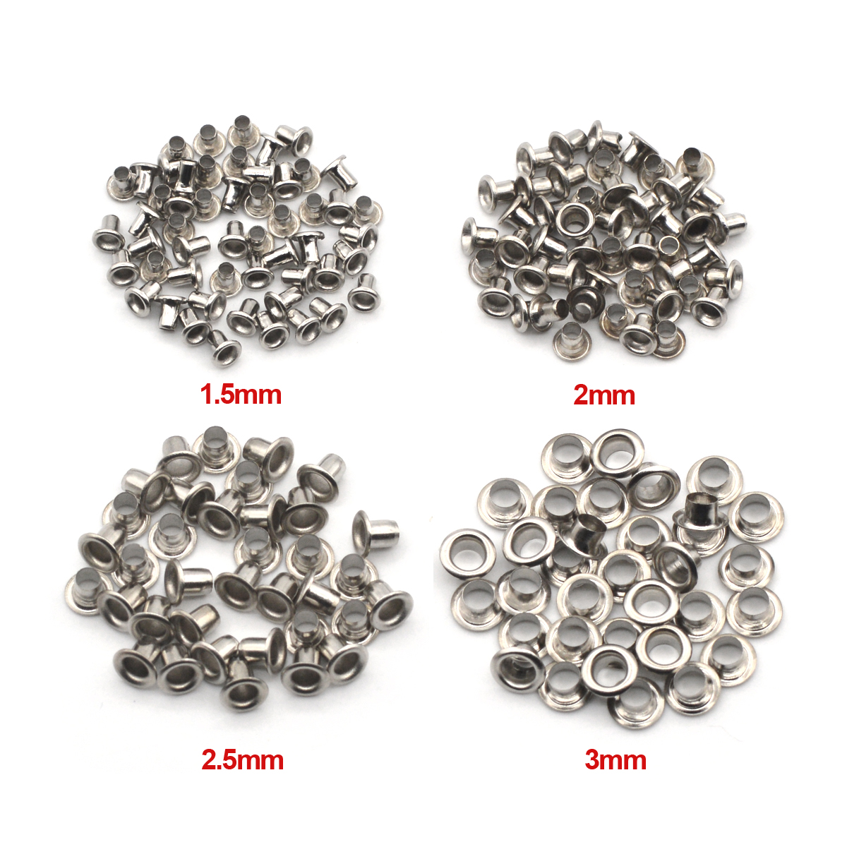 200 stk. 1.5mm 2mm 2.5mm 3mm messingmateriale sølvfarvede maljehuller uden skive passer til gør-det-selv-forsyninger