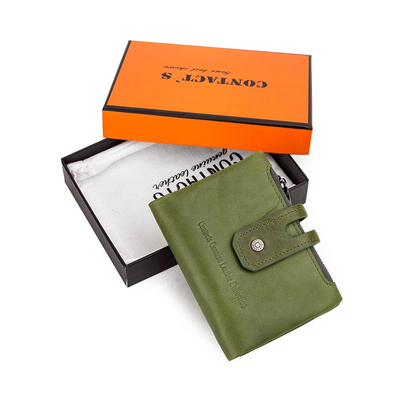 Contacts genuine leather small wallet women short card holder wallets for women hasp female coin purse portfel damski: green box