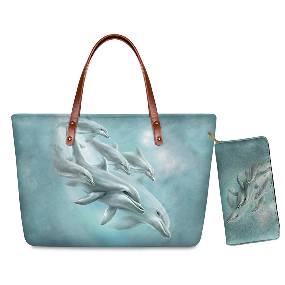 Twoheartsgirl oceaan dolfijn print handtas set portemonnee voor vrouwen neopreen dames handtassen met handgreep casual dames handtassen: L4524al-z21