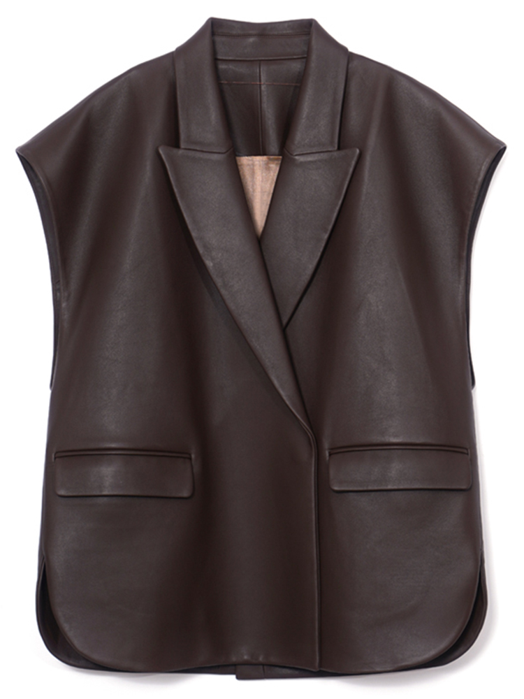 Lautaro-dames licht zacht kunstleer vest, revers, , luxe, ontwerper, mouwloos jasje, lente, herfstmode, zwart: XXL / Bruin