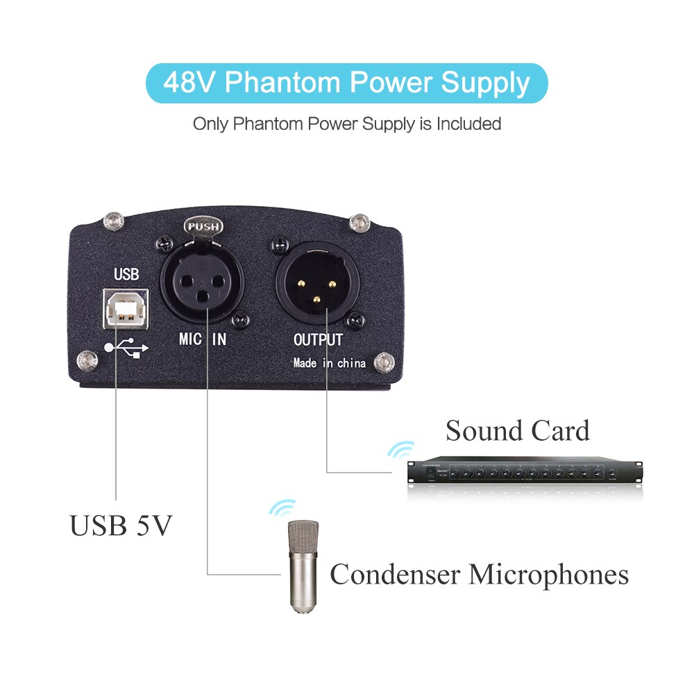 48V Phantom Power Supply Box for Condenser Microphone Studio Music Recording USB-Powered Operation