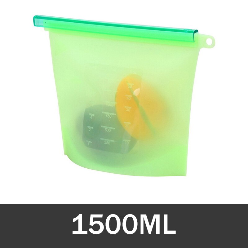 1000ml 1500ml genanvendelig silikone opbevaringspose silikone madopbevaringsposer til madforsegling lynlås fryser madlavning friske poser: Grøn -1500ml