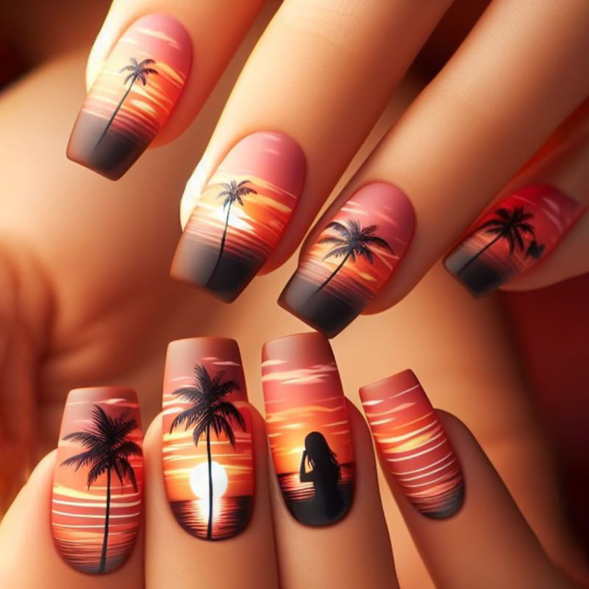 4 ensembles/96 pièces à pression carrée sur les ongles: points dégradés/floral/multicolore. Longueur moyenne brillante avec fichiers et gels. Fête et quotidienne. Détachable: Orange