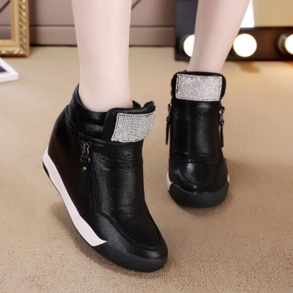 Merke høst vinter plattform kilehæl støvler damesko med økt plattformsåle kvinnelige uformelt glidelås botas  v561: Svarte sko / 5
