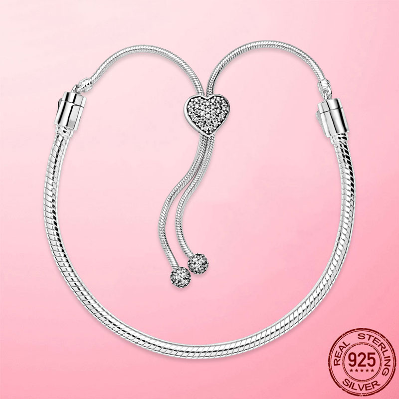 Femme momenti pavimenta il cuore chiusura serpente catena Slider braccialetto per le donne gioielli in argento 925 Sterling Silver CZ ciondola il braccialetto