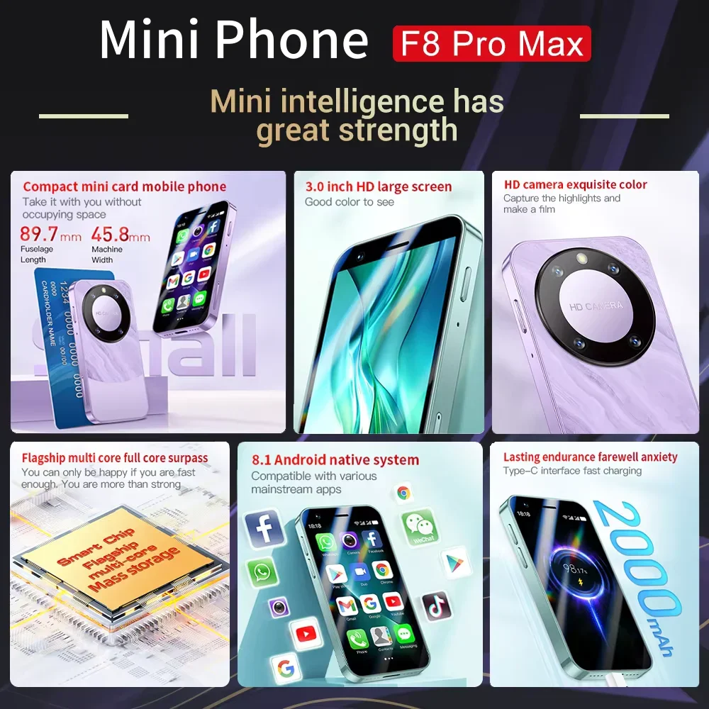 Fuffi  f8 Profi max smartphone, Android-praktisch mit gesichtserkennung, tragbar, 8.1 Mini-praktisch, 3.0 zoll ,  hd 16gb Rom , 2000 mah akku