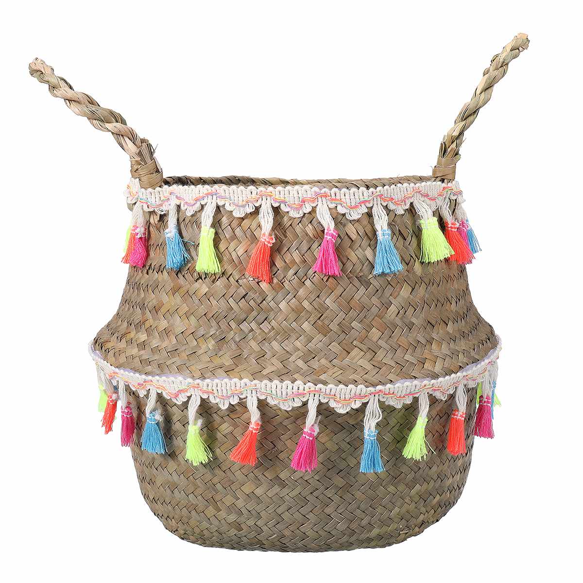 Panier de rangement pliable en osier avec pompon | Pot de fleurs naturel tissé à la maison, panier à linge: colorful / M 22x20cm