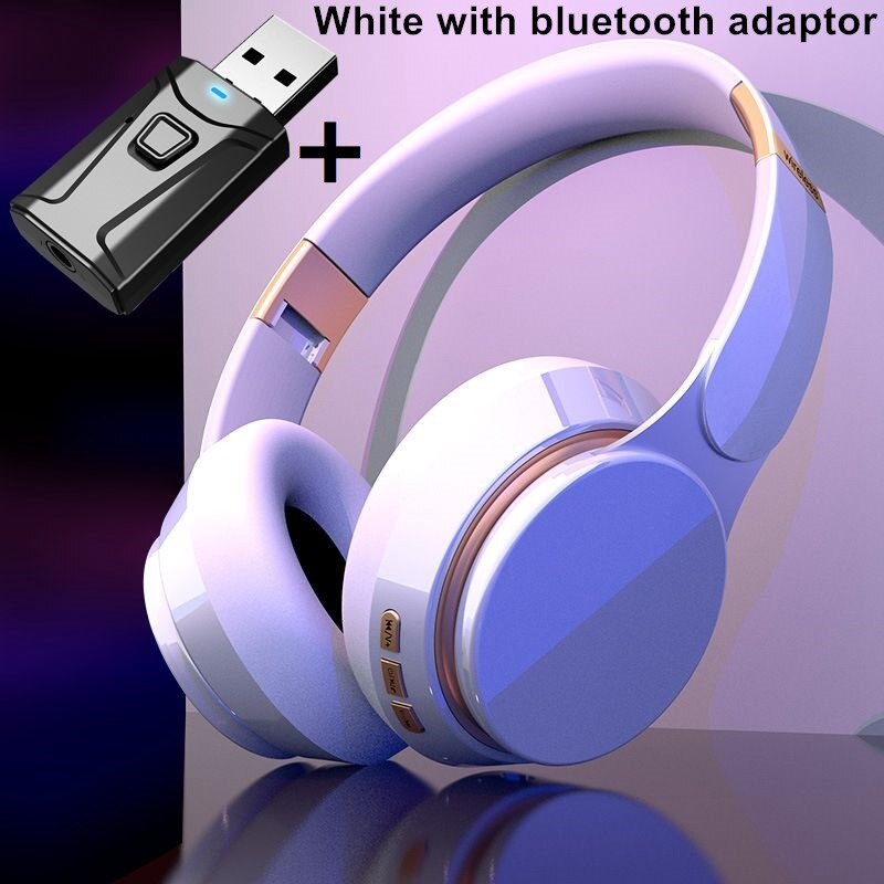Wireless TV Headphones Bluetooth 5.0 USB Adaptor Stereo Headset Foldable Helmet Earbuds with Mic for Samsung Xiaomi TV PC Music: 07 white and adaptor