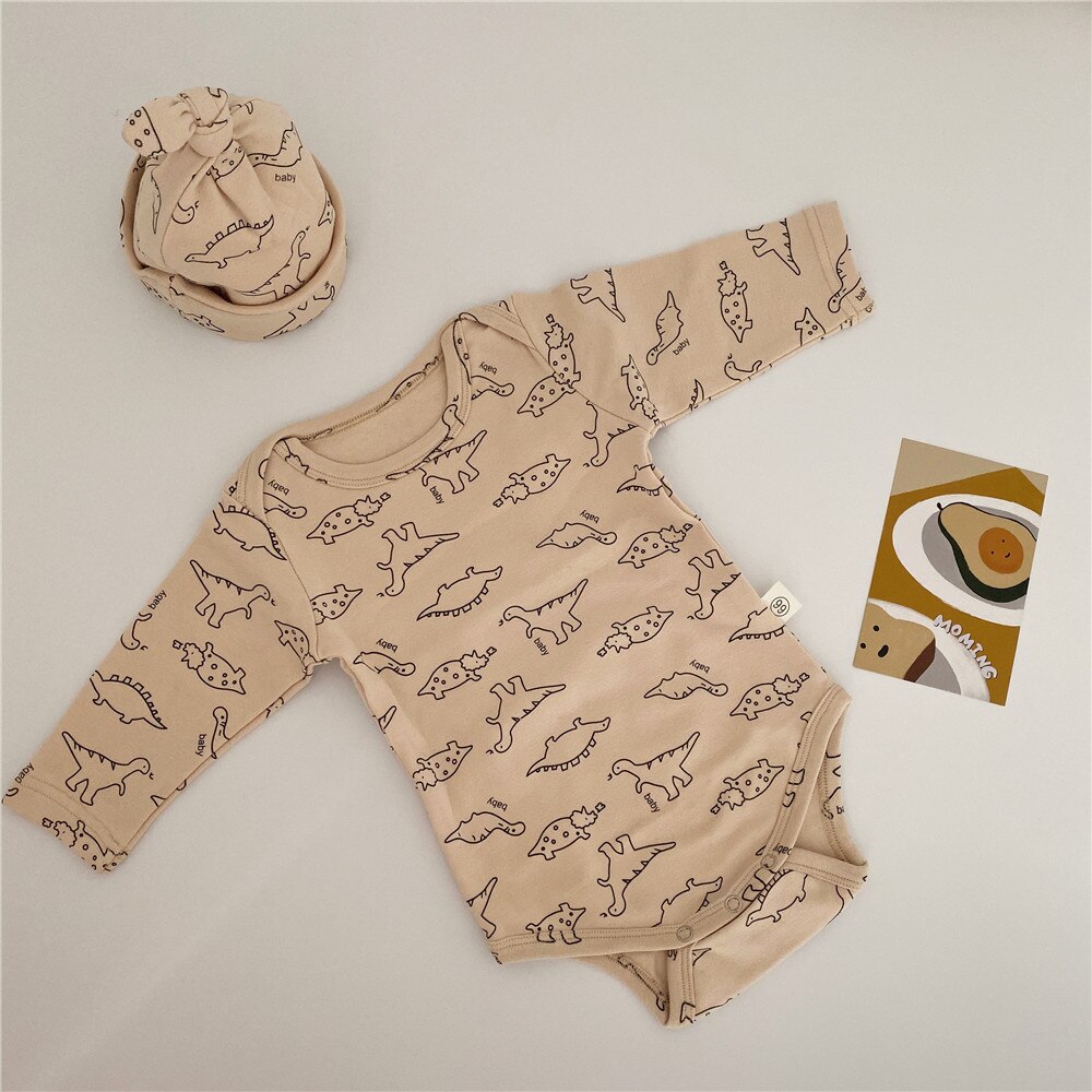 Milancel Baby Kleding Dinosaurus Print Baby Een Stuk Met Hoed Katoenen Baby Bodysuits Lente Peuter Kleding: beige bodysuit / 6m