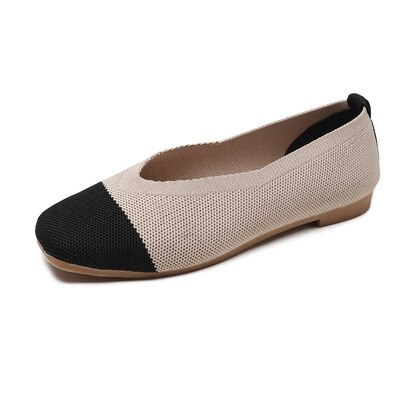Ms. Grandma's shoes square head shallow mouth one foot peas shoes knit flat single shoes wild: Gold / 5