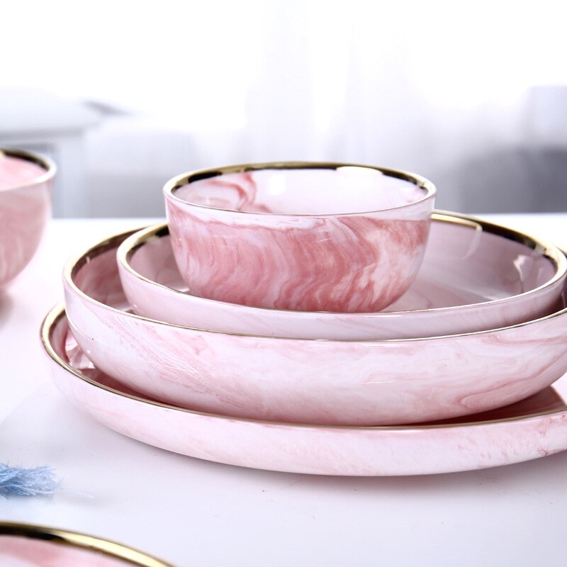 Plato cerámico rosa de mármol, 1 Uds., plato para comida, arroz, ensalada, fideos, Bol, sopa, plato de porcelana, juegos de vajilla, herramienta de cocina