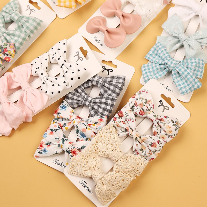 Baby Bogen Haarnadel Mädchen Haar Clip Baumwolle Spitze Barette Für freundlicher Headwear Säuglings Blumen Karierten Clips Babys Nette Zubehör 3/4Stck