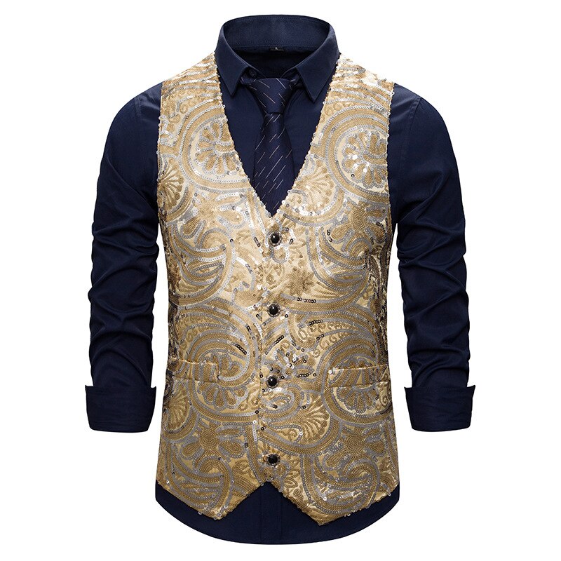 Herre skinnende gull paljett glitter pyntet vest bryllup prom slim fit vest mannlig gilet homme dj club scene sanger kostyme: Gylden / M