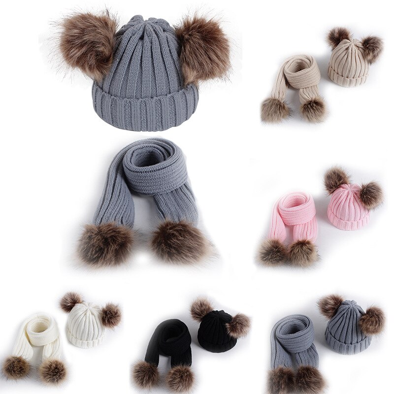 Winter Hüte Ohren Mädchen Jungen Deckel + Schal 2Stck freundlicher einstellen Baby warm Halten freundlicher betroffen Wolle Pelz Doppel Hütte Gestrickte Nette Kappe Schal einstellen