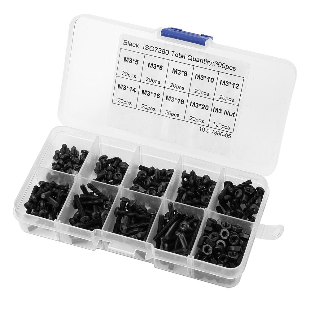 300 stuks  m3 schroeven moeren 10.9 klasse bolkop zeskant schroef bout moer assortiment kit hardware gereedschap korting