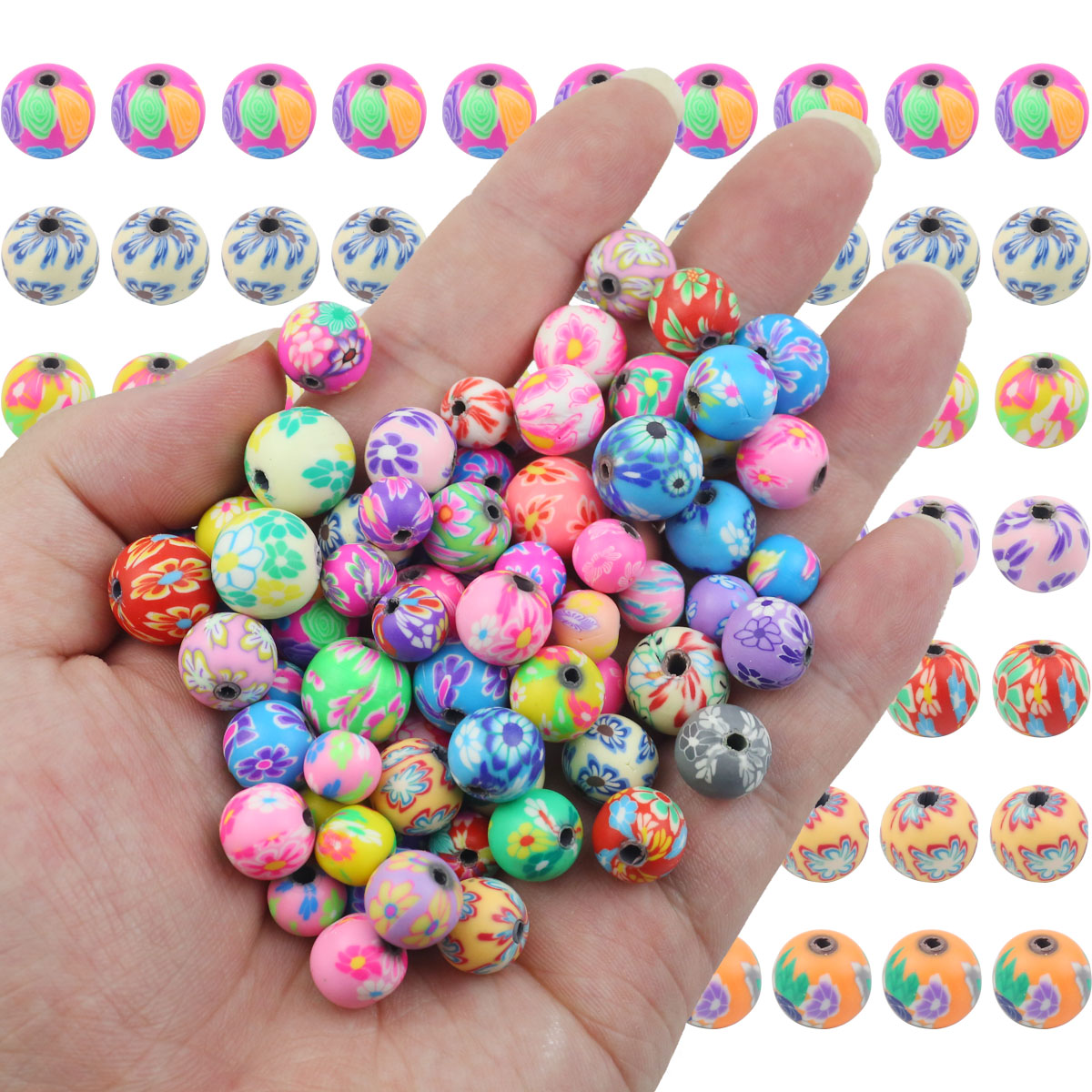 50 Uds. De cuentas redondas sueltas con patrón de flores de arcilla suave colorida de 6/8/10/12mm para fabricación de joyería, pulseras, collares, suministros para manualidades