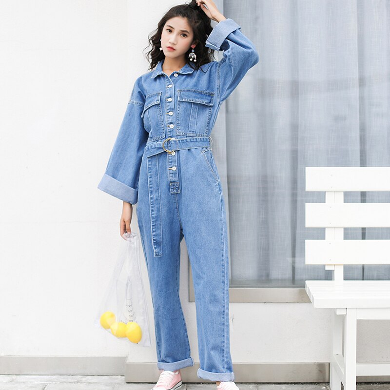 Dames denim jumpsuit romper lange mouw dames losse revers enkelrijs jeans jumpsuit dames denim broek wijde pijpen overalls