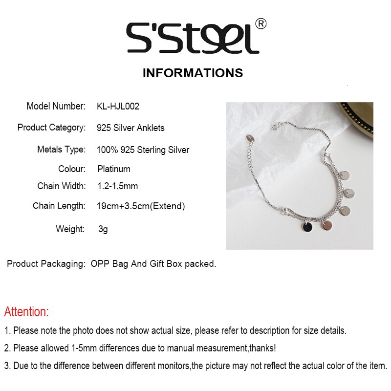 S'STEEL 925 Sterling Silver Anklets For Women Geometry Anklet Foot Acessorios Handmade Tornozeleira Feminina Leg Fine Jewelry