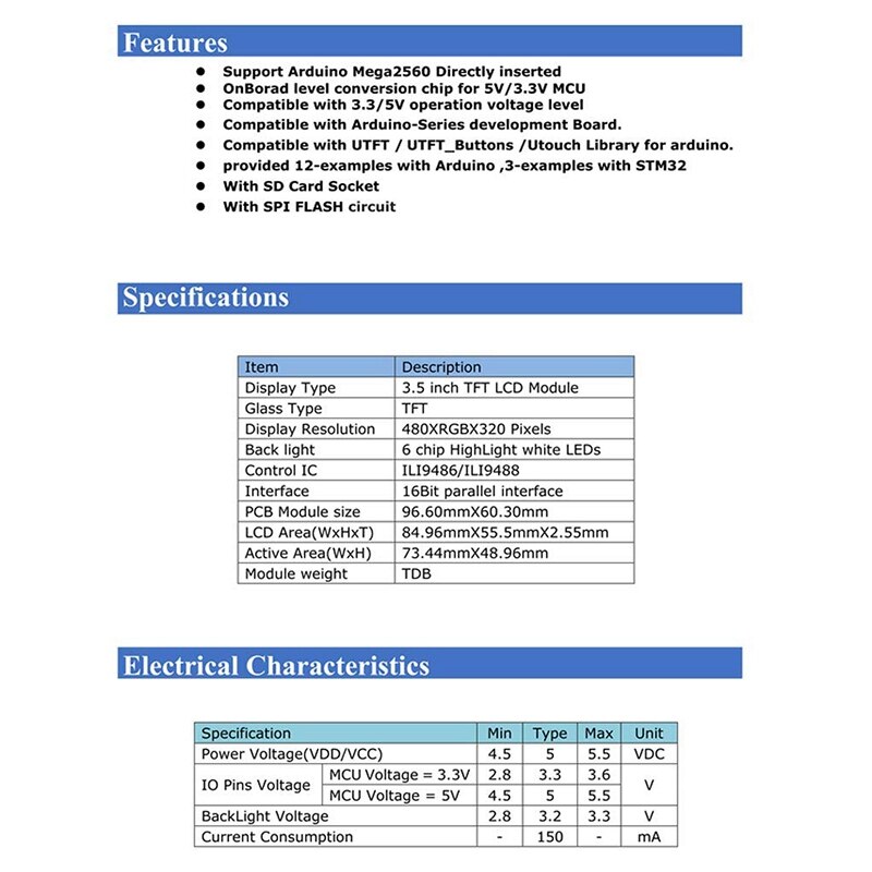 3,5 zoll TFT LCD Display Modul ILI9486/ILI9488 480X320 36 Pins Für Arduino Mega2560