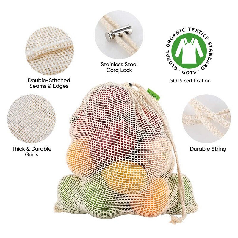 Vegetable Fruit Bag storage Bag Reusable Produce Bags Eco-Friendly 100% Organic Cotton Mesh Bags Bio-degradable Kitchene