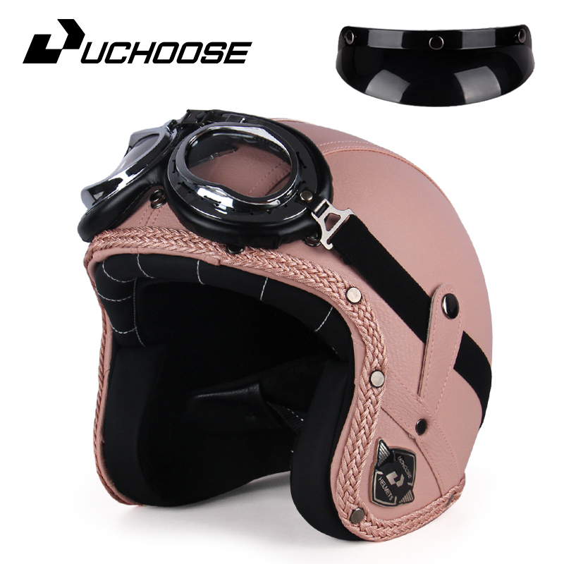 UCHOOSE retro Motorradhelm PU Leder offen Gesicht 3/4 Zerhacker Fahrradhelme klassisch Casco Moto Jahrgang: Beige / XXL
