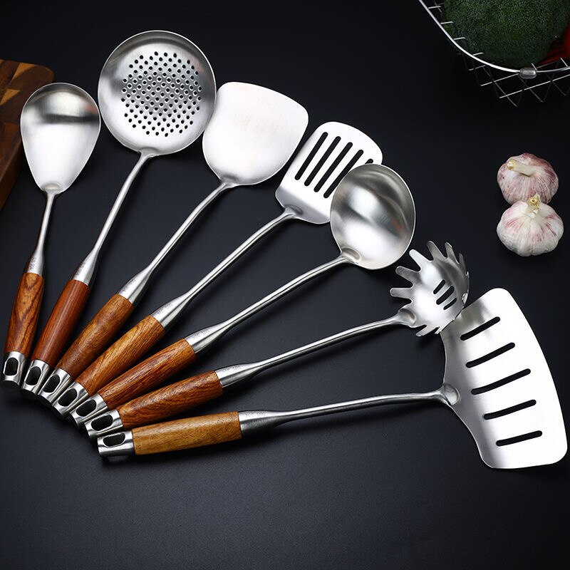 Rosewood Handle Wok Spatula Slotted Turner 304 Stainless Steel Utensil Set Kitchen Cooking Tools cocina utensilio