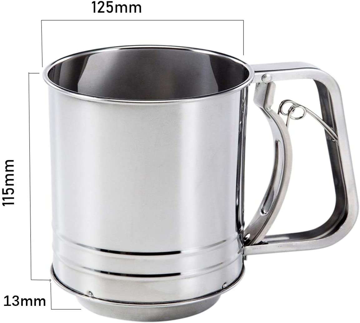 Tamizador de harina para 250/500 gramos Acero Inoxidable Acción de Gatillo Tamiz manual Tamizador Harina Tamiz para repostería: 500G