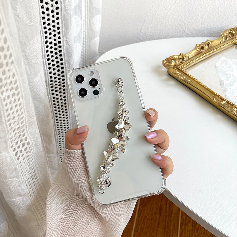 Qianliyao Strass Ketting Telefoon Case Voor Iphone 12 Mini 11 Pro Max 7 8 Plus X Xr Xs Se gevallen Armband Clear Bescherm Cover