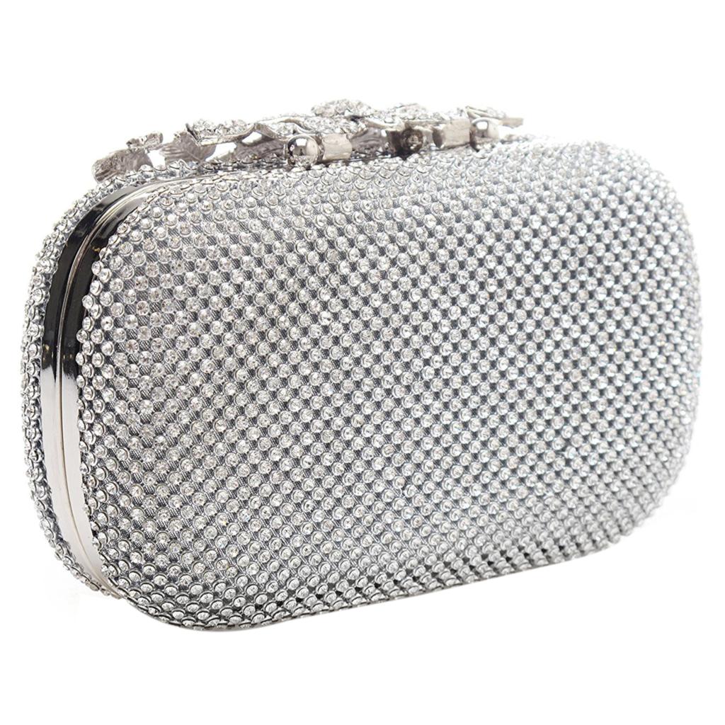 Unique Clasp Silver Diamante Crystal Diamond Evening Bag Clutch Purse Party Bridal Prom