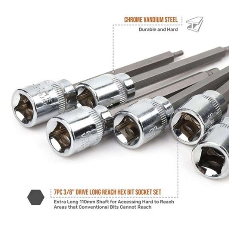 7Pc 3/8 Extra Long Socket Set 3-10mm Socket Adapter for Torque Socket Wrench Hex Key Screwdriver Bit Set