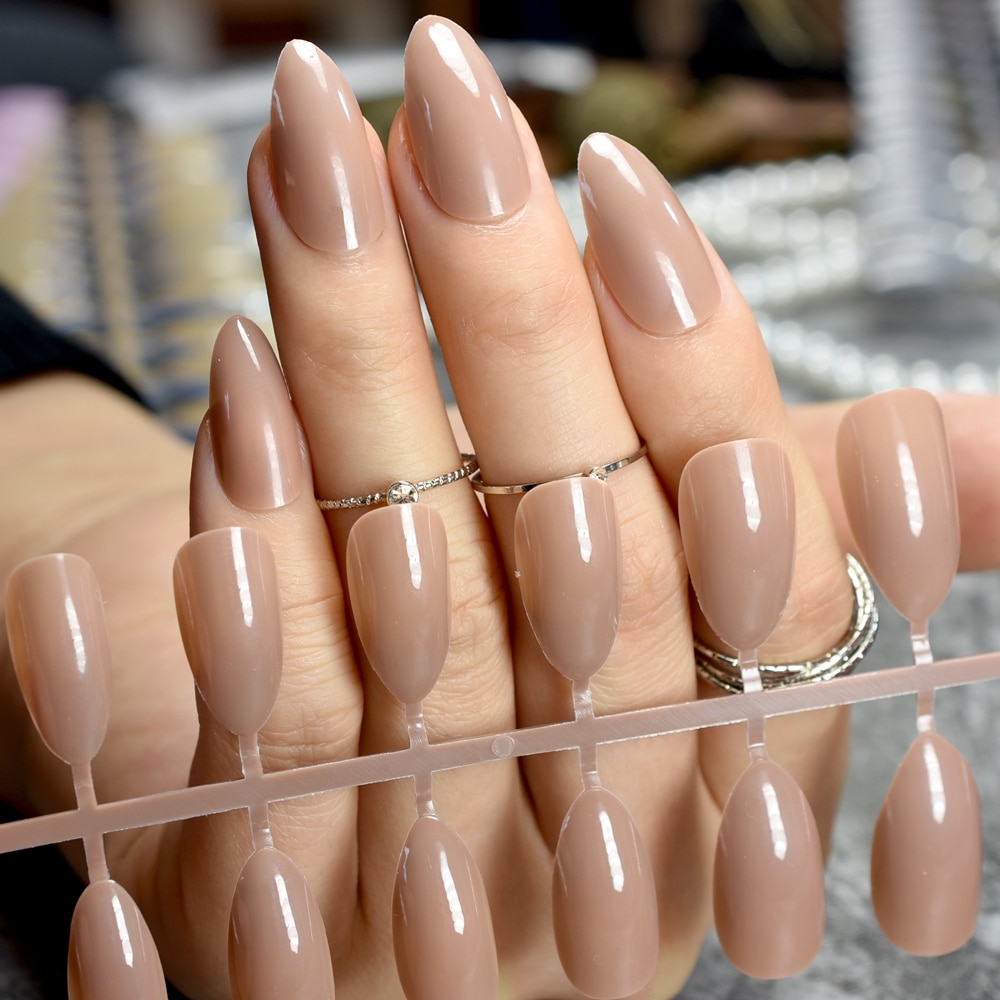 Ovale pointu bout aiguille Faux Ongles café marron couleur Faux Ongles goutte d'eau Faux Ongles conseils couverture complète manucure Ongles artificiels