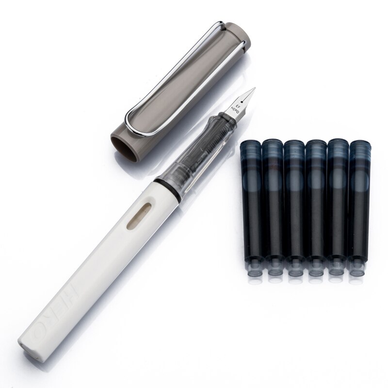 1Pc Hero 359 Klassieke Vulpen Originele Authentieke Plastic Kleur Transparant Ef Briefpapier Kantoor Schoolbenodigdheden Schrijven: grey and white
