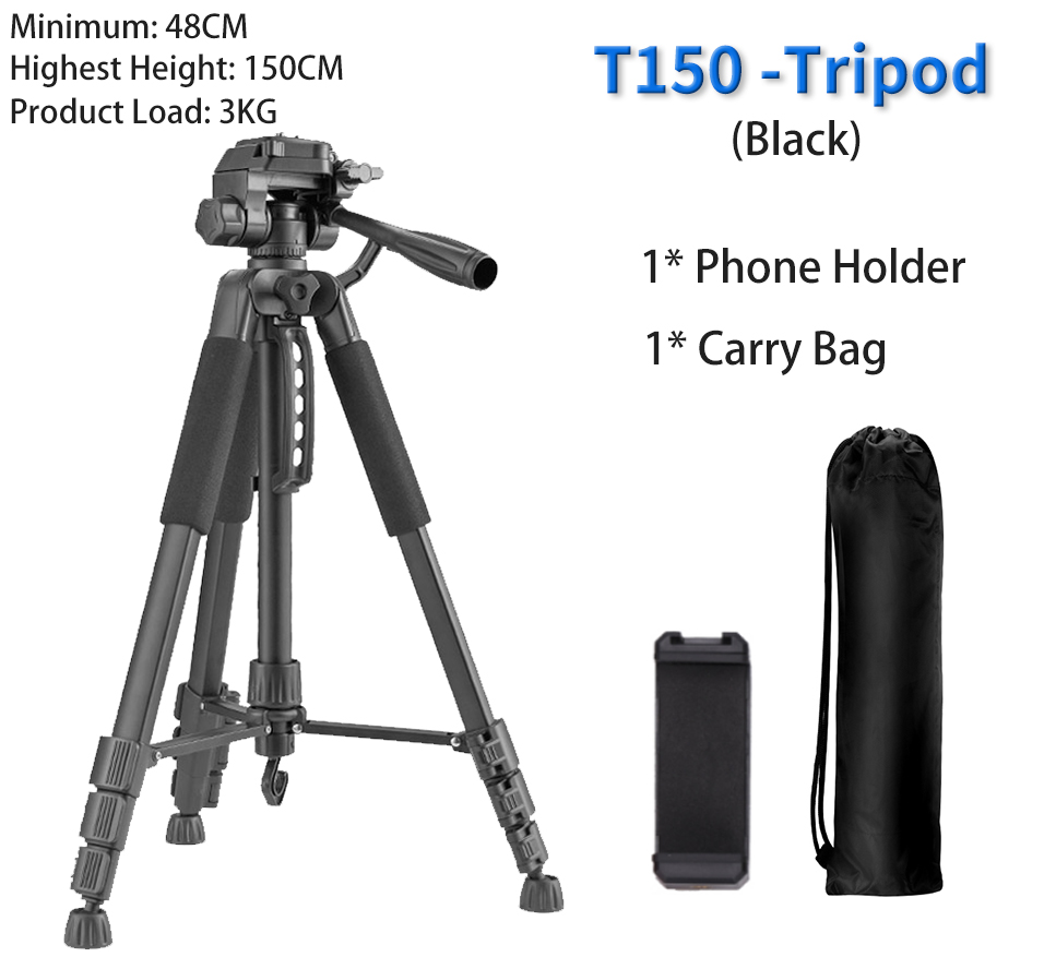 180cm kamerastativ til telefon med bæretaske fotografering mobiltelefonstativ med bluetooth fjernbetjening til video/dslr/canon: T150 sorte