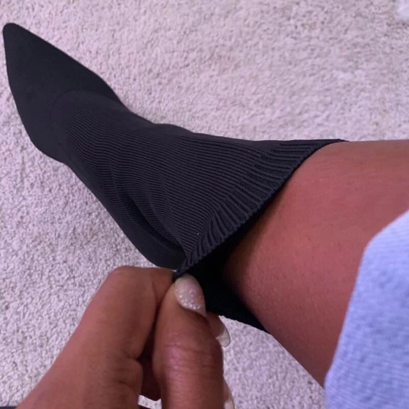Autumn Luxury Women Black Sock Boots Dancer High Heels Stiletto Boots Winter Stretch Fabric Boots Plus Size