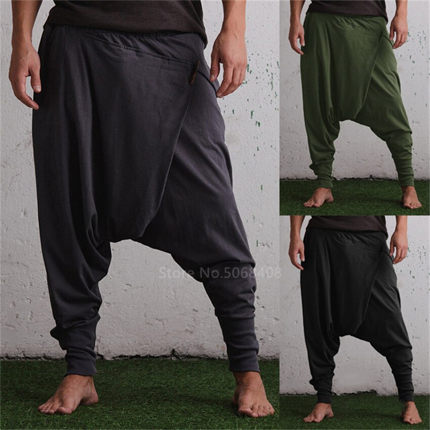 Mann retro middelalder pirat viking haremsbukser tilfeldig løs halloween scene - bukser med vidde ben i skritt solid hip hop streetwear
