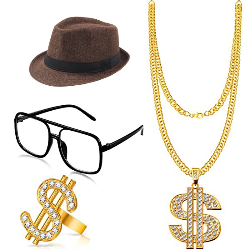 4 stykker hip hop kostume sort hvid hat briller dollarskilt guld kæde ring hip hop 80s/90s rapper tilbehør halloween fest