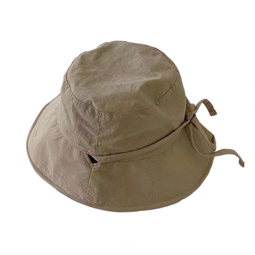 Sombrero de pescador para mujer, a prueba de viento, correa fija, ala ancha, sombrero de cubo para mujer, sombrilla de Color sólido, Anti-UV, tapa plana, gorra plegable de verano: Caqui