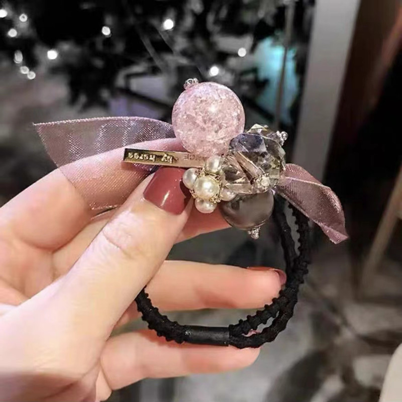 Lazos elásticos para el cabello de cristal, cintas de cuerda para el cabello de primera , doble anillo para el cabello, coleta, accesorios para el cabello para niñas y mujeres: Rosa
