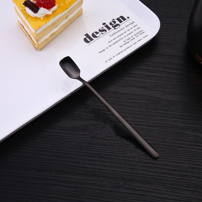 1PC Square-Headed Teaspoon Long Handle Coffee Tea Stirring Spoons Dessert Ice Cream Mini Scoop Stainless Steel Kitchen Tableware: black / 17cm